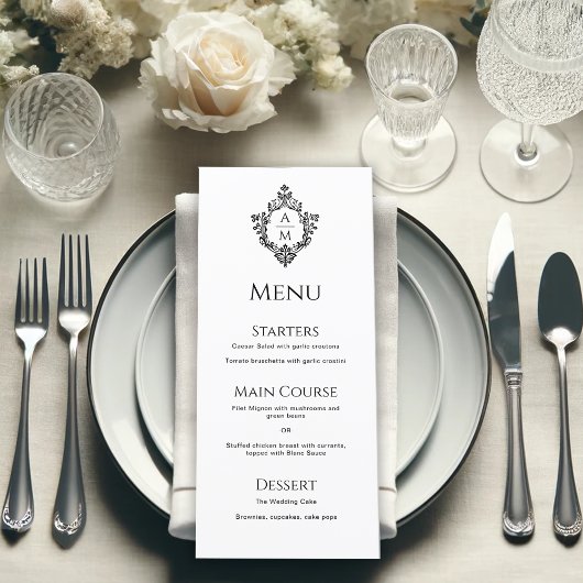 Crest zwart-wit bruiloft Monogram  Menu