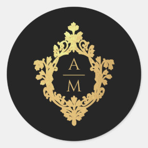 Crest Zwarte Nepgoud Elegant Monogram 2 Initialen Ronde Sticker