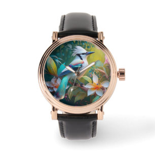 Crested Blauwgroen gevleugelde Jay Horloge