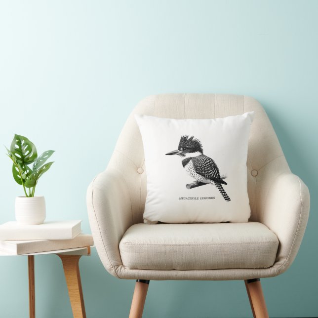 Crested Kingfisher Monochrome Throw Pillow Kussen (Stoel)