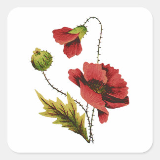 Crewel borduurwerk rode papaver vierkante sticker