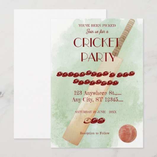 Cricket Birthday Party Sports Invitation (Devant / Derrière)