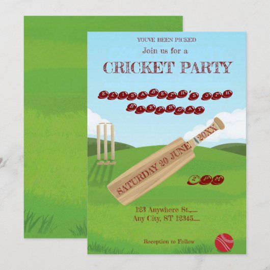 Cricket Birthday Party Sports Invitation Kaart (Voorkant / Achterkant)