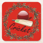 Cricketbat en bal, Kerstmis, Vierkante Kartonnen Onderzetter (Voorkant)