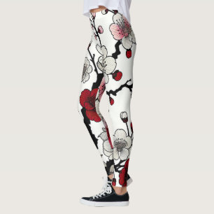 Crimson Blossom Elegance - Japans geïnspireerde fl Leggings
