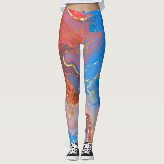 Crimson, Blush, Blue and Gold Marked Alcohol Ink Leggings (Voorkant)