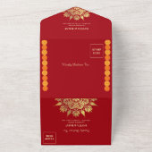 Crimson Elegance Modern Rood & Goud Indische bruil All In One Uitnodiging (Buitenkant)