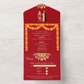 Crimson Elegance Modern Rood & Goud Indische bruil All In One Uitnodiging (Binnen)