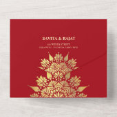 Crimson Elegance Modern Rood & Goud Indische bruil All In One Uitnodiging (Achterkant)