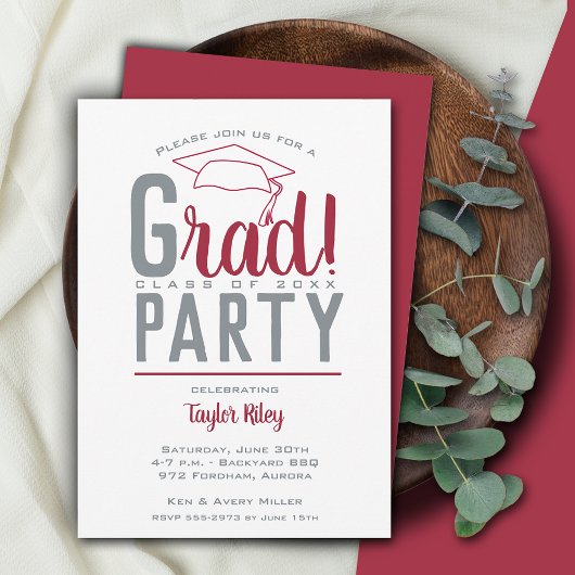 Crimson en Gray Graduation Party Kaart