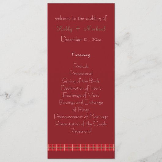 Crimson & Evergreen Kerst Bruiloft Flat Programma (Voorkant)