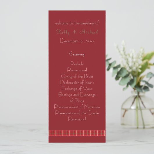 Crimson & Evergreen Kerst Bruiloft Flat Programma (Staand voorkant)