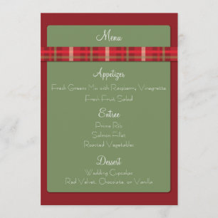Crimson & Evergreen Kerst Bruiloft Menu Kaart
