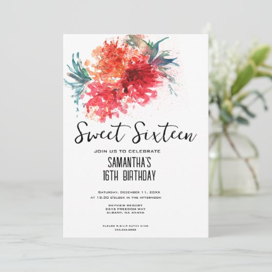 Crimson Floral Sweet 16 Invitation - Aquarelle Des (Debout devant)