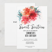 Crimson Floral Sweet 16 Invitation - Aquarelle Des (Devant / Derrière)