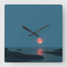 Crimson Full Moon Over Calm Waters Vierkante Klok