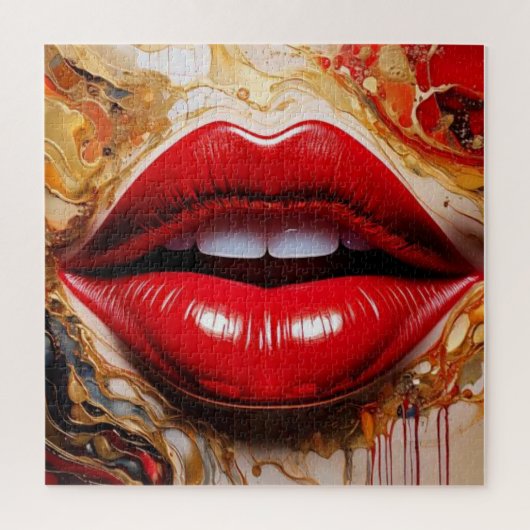 Crimson Gloss: Bold Red Lips & Liquid Gold Legpuzzel (Verticaal)