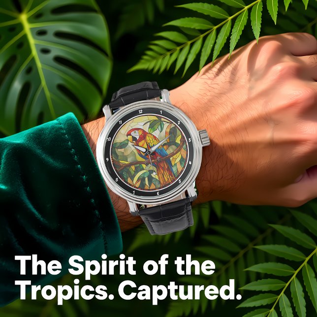 Crimson Jungle Time" - Stained Glass Red Parrot Horloge (Creator heeft geüpload)