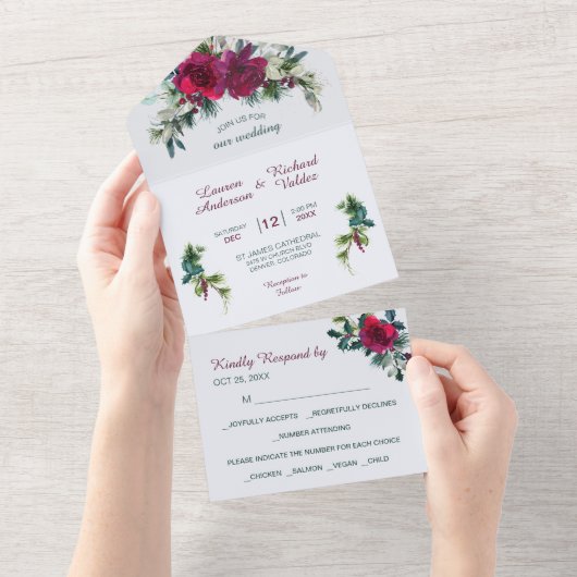 Crimson KerstRose Bouquet Weddenschap All In One Uitnodiging (Afscheurbaar)