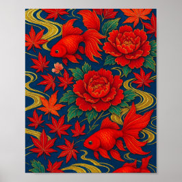 Crimson Koi Dans in de herfst Bloom Poster