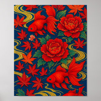Crimson Koi Dans in de herfst Bloom Poster
