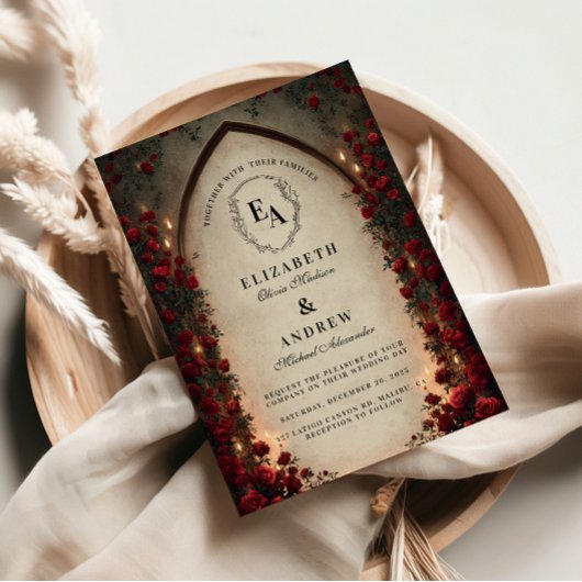 Crimson Lantern Gothic Wedding Kaart