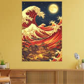Crimson Moon Over Japanese Coast – Ukiyo-e Style Canvas Afdruk (Insitu (Woonkamer))