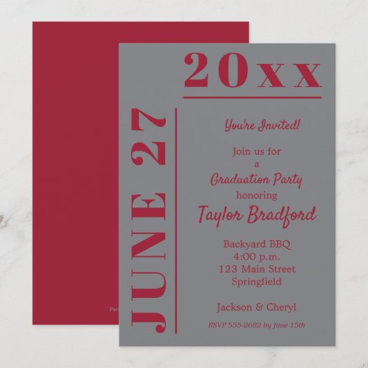 Crimson on Gray Graduation Party Invitations (Voorkant / Achterkant)