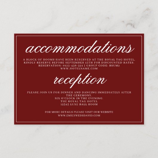 Crimson Red Classic Minimaal Script Elegant Informatiekaartje (Voorkant)