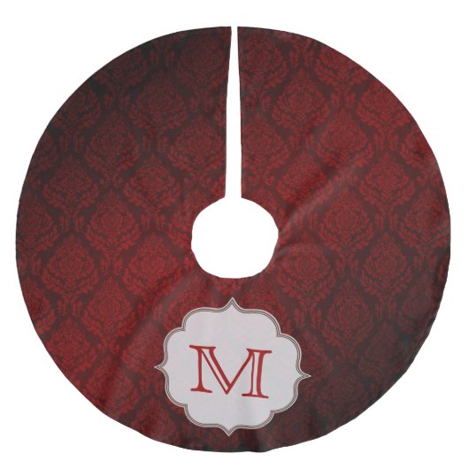Crimson Red Damask Lac Monogram Initiaal Tree Skir Kerstboom Rok (Voorkant)
