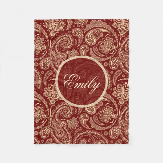 Crimson Red en Beige Creme  Paisley Fleece Deken (Voorkant)