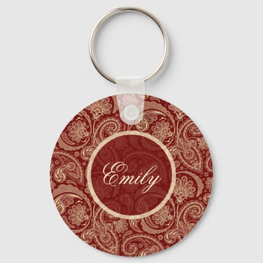 Crimson Red en Beige Creme  Paisley Sleutelhanger (Voorkant)
