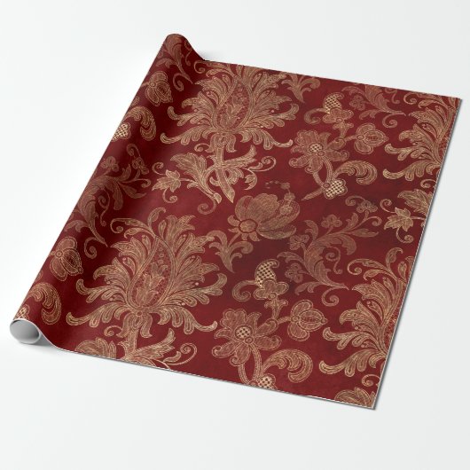 Crimson Red en Gold  Damask Cadeaupapier (Uitgerold)