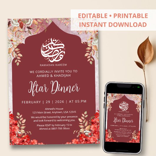 Crimson Red Floral Ramadan Iftar Dinner Invitation