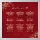Crimson Red & Gold 6 Table Wedding Seating Chart Poster (Voorkant)