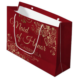 Crimson Red & Gold Frilly Maid of Honor Bruiloft Groot Cadeauzakje