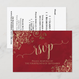 Crimson Red Gold Lace Elegant Calligraphy Wedding RSVP Kaartje