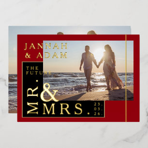 Crimson Red Photo Wedding Mr. en Mrs. Gold Folie Uitnodiging