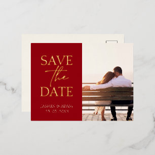 Crimson Red Photo Wedding Save the Date Gold Folie Feestdagen Briefkaart