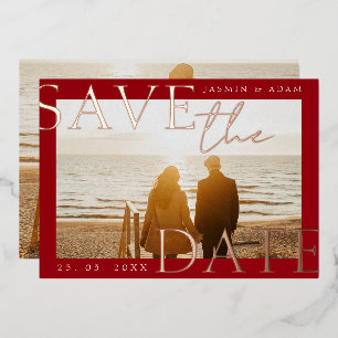 Crimson Red Photo Wedding Save the Date Roos Gold Folie Uitnodiging