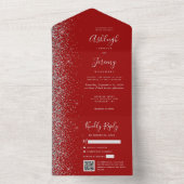 Crimson Red Silver Glitter QR Code Wedding All In One Uitnodiging (Binnen)