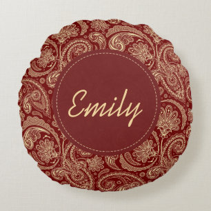 Crimson rode en beige crème Paisley Rond Kussen