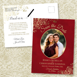Crimson Rood Gouden Trouw Save the Date Ovale Foto Aankondigingskaart