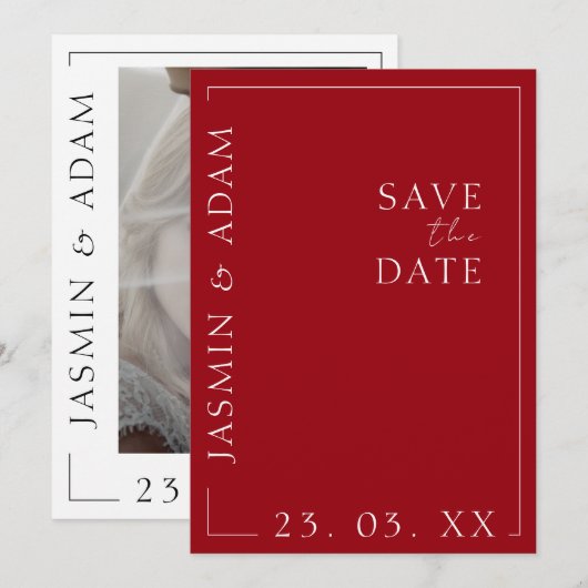Crimson rood wit minimale foto bruiloft save the date (Voorkant / Achterkant)