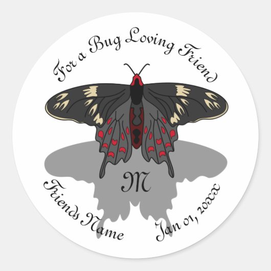Crimson Roos Butterfly Shadow Monogram Ronde Sticker (Voorkant)