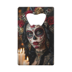 Crimson Rose Calavera – Elegante Dag van de Doden Kredietkaart Flessenopener