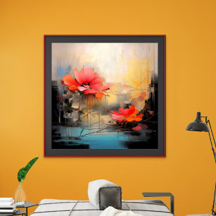 Crimson Silence – Abstracte klaprozen in stadslich Poster