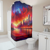 Crimson Sunset Over de skyline van de stad Douchegordijn (In situ)