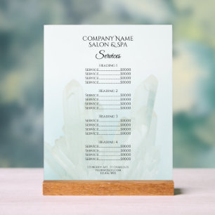 Cristaux bleu glacé clair Salon Spa Services Menu