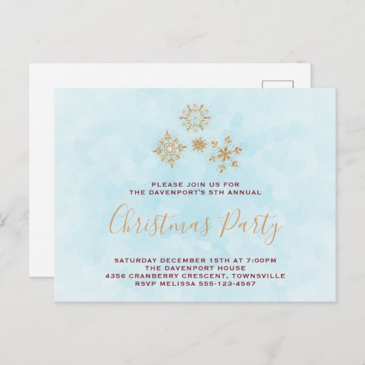 Cristaux Golden Snowflake sur Invitation bleu givr (Devant / Derrière)